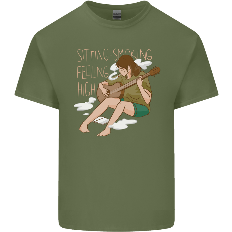 Sitting Smoking Weed Feeling High Drugs Mens Cotton T-Shirt Tee Top Military Green