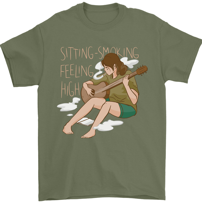 Sitting Smoking Weed Feeling High Drugs Mens T-Shirt 100% Cotton Military Green