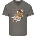 Sitting Smoking Weed Feeling High Drugs Mens V-Neck Cotton T-Shirt Charcoal