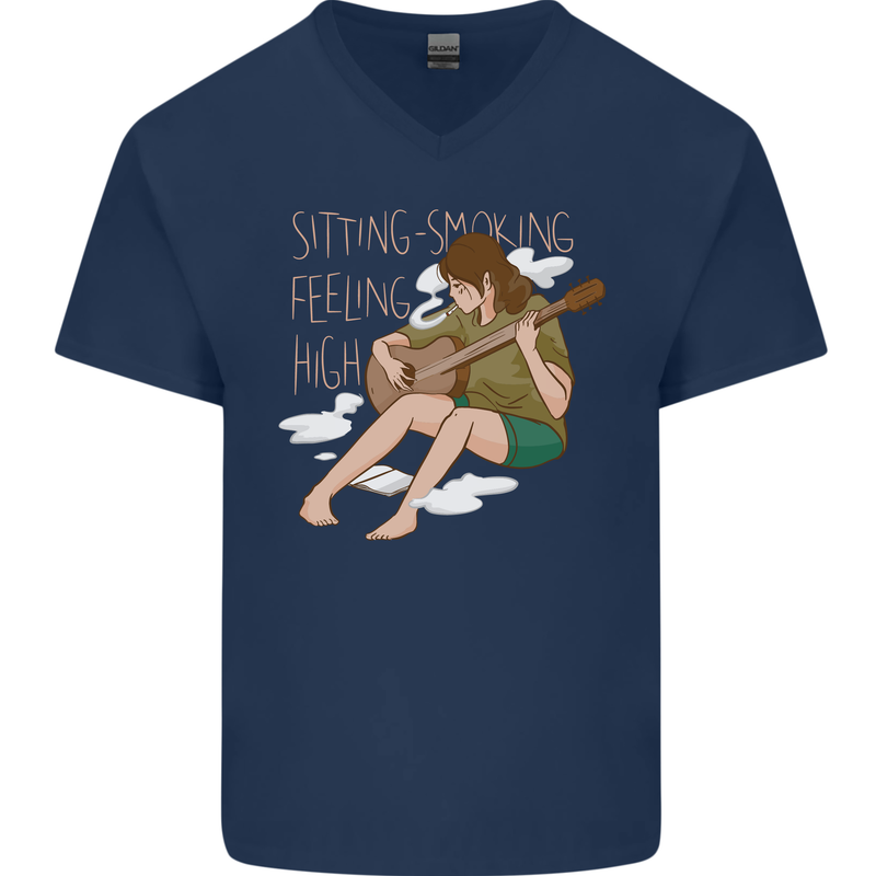 Sitting Smoking Weed Feeling High Drugs Mens V-Neck Cotton T-Shirt Navy Blue