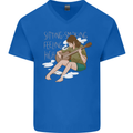 Sitting Smoking Weed Feeling High Drugs Mens V-Neck Cotton T-Shirt Royal Blue