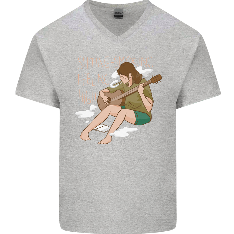 Sitting Smoking Weed Feeling High Drugs Mens V-Neck Cotton T-Shirt Sports Grey