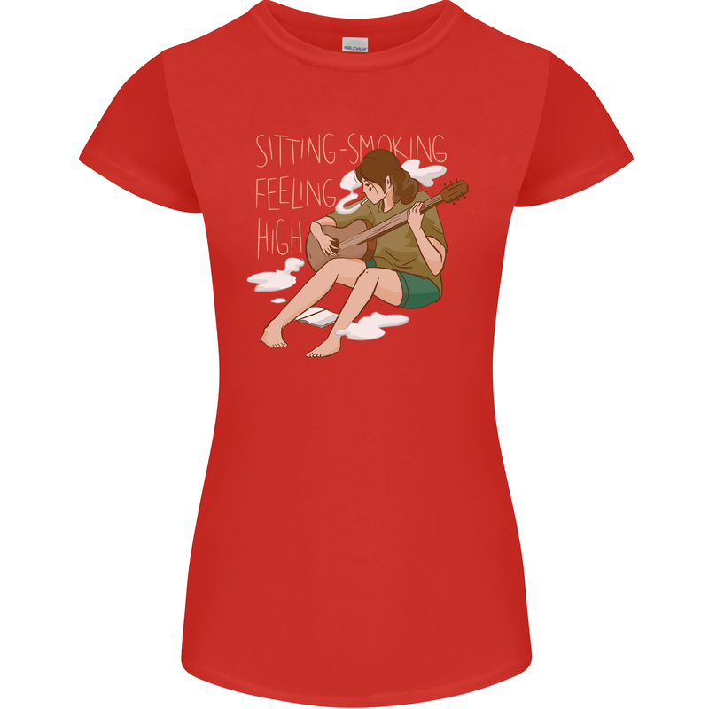 Sitting Smoking Weed Feeling High Drugs Womens Petite Cut T-Shirt Red