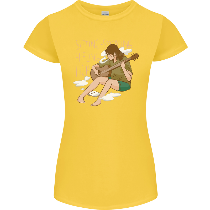 Sitting Smoking Weed Feeling High Drugs Womens Petite Cut T-Shirt Yellow