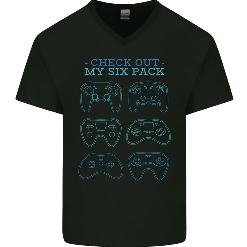 Six Pack Controller Funny Gaming Gamer Mens V-Neck Cotton T-Shirt Black