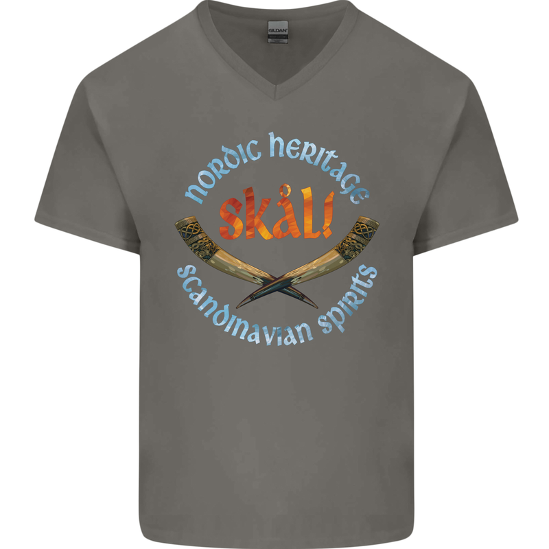 Skal The Vikings Alcohol Beer Nordic Odin Mens V-Neck Cotton T-Shirt Charcoal