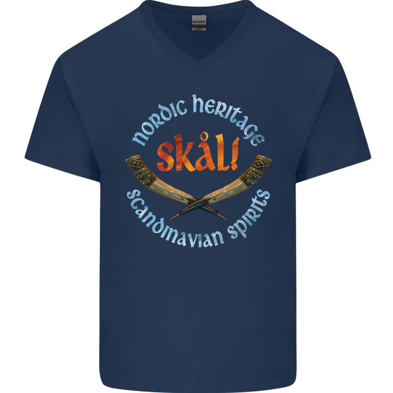 Skal The Vikings Alcohol Beer Nordic Odin Mens V-Neck Cotton T-Shirt Navy Blue