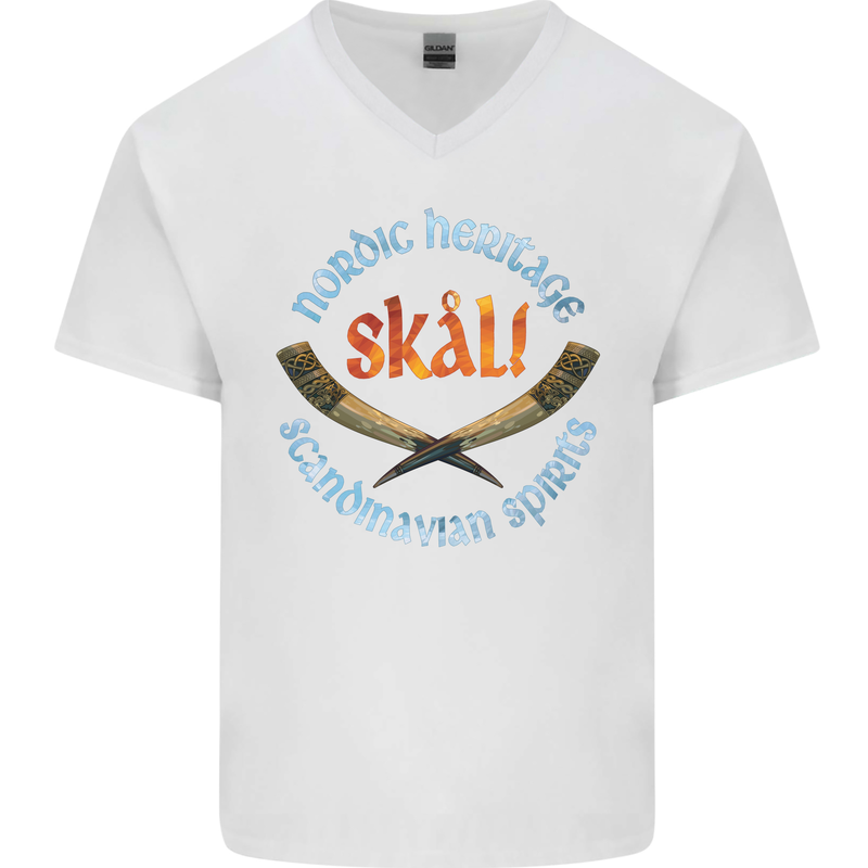 Skal The Vikings Alcohol Beer Nordic Odin Mens V-Neck Cotton T-Shirt White