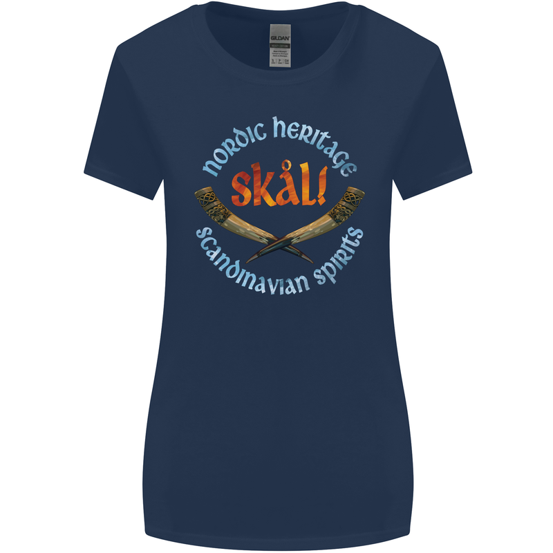 Skal The Vikings Alcohol Beer Nordic Odin Womens Wider Cut T-Shirt Navy Blue