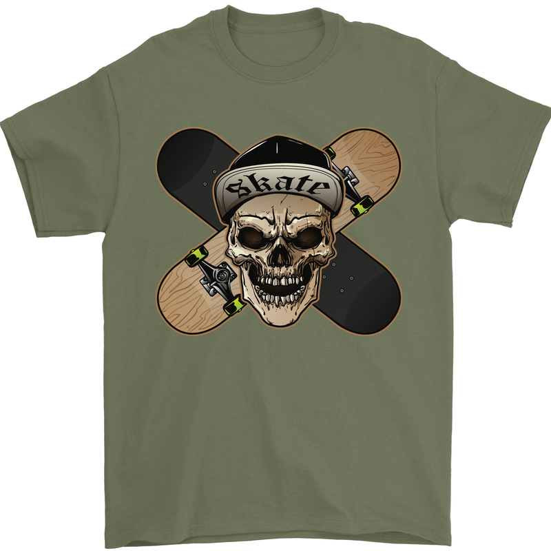 Skateboard Skull Skateboarding Mens T-Shirt Cotton Gildan Military Green