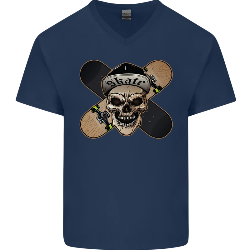 Skateboard Skull Skateboarding Mens V-Neck Cotton T-Shirt Navy Blue