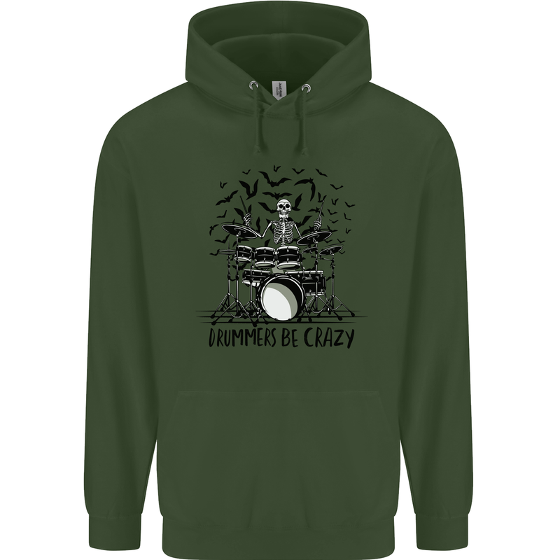 Skeleton Drummer Be Crazy Drumming Drum Childrens Kids Hoodie Forest Green