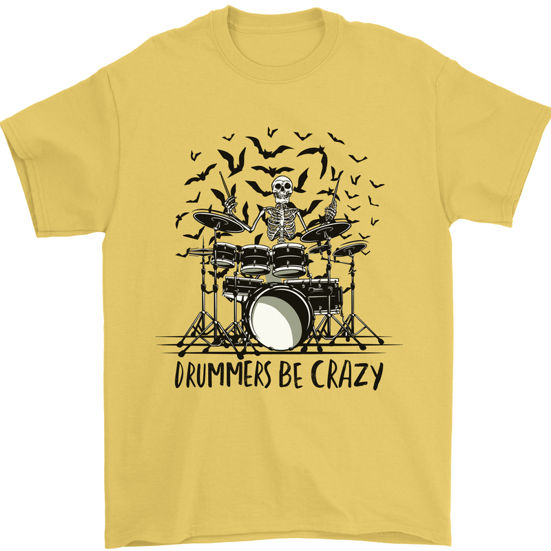 Skeleton Drummer Be Crazy Drumming Drum Mens T-Shirt Cotton Gildan Yellow