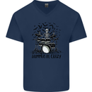 Skeleton Drummer Be Crazy Drumming Drum Mens V-Neck Cotton T-Shirt Navy Blue