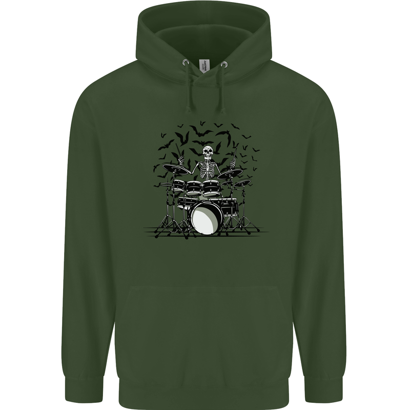 Skeleton Drummer Drumming Drum Skull Funny Childrens Kids Hoodie Forest Green