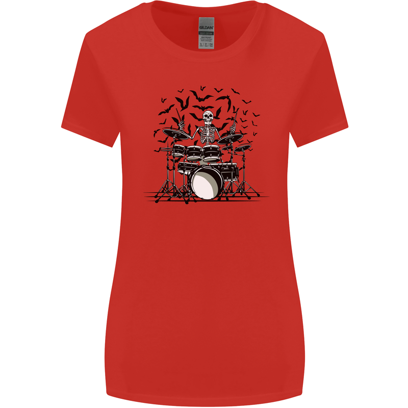 Skeleton Drummer Drumming Drum Skull Funny Womens Wider Cut T-Shirt Red