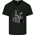 Skeleton Drummer Mens V-Neck Cotton T-Shirt Black