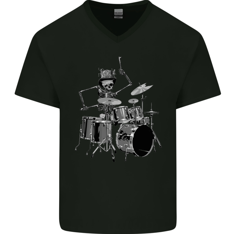 Skeleton Drummer Mens V-Neck Cotton T-Shirt Black