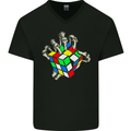 Skeleton Hand With a Retro Puzzle 80's Mens V-Neck Cotton T-Shirt Black