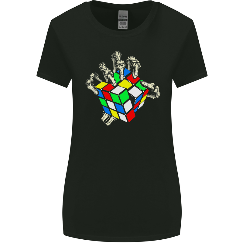 Skeleton Hand With a Retro Puzzle 80's Womens Wider Cut T-Shirt Black