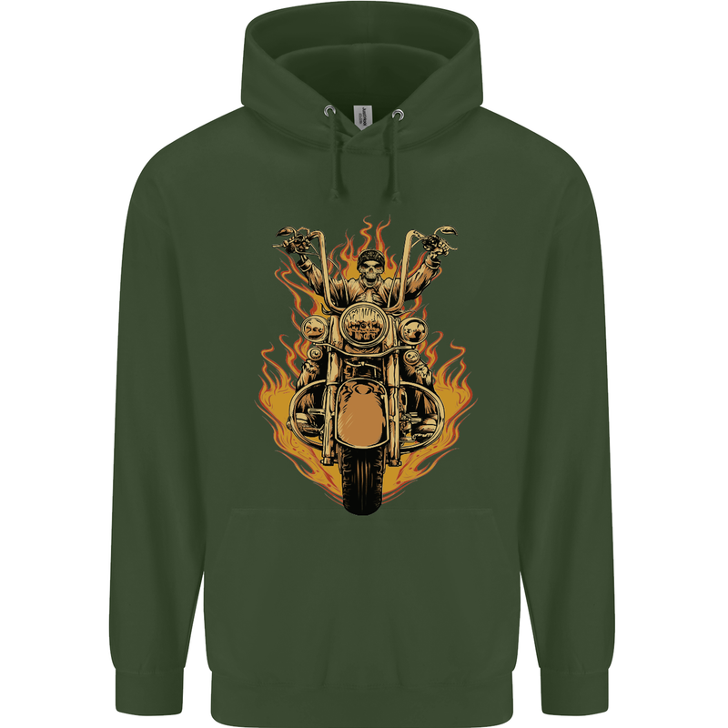 Skeleton Motorcycle Rider Mens 80% Cotton Hoodie Forest Green