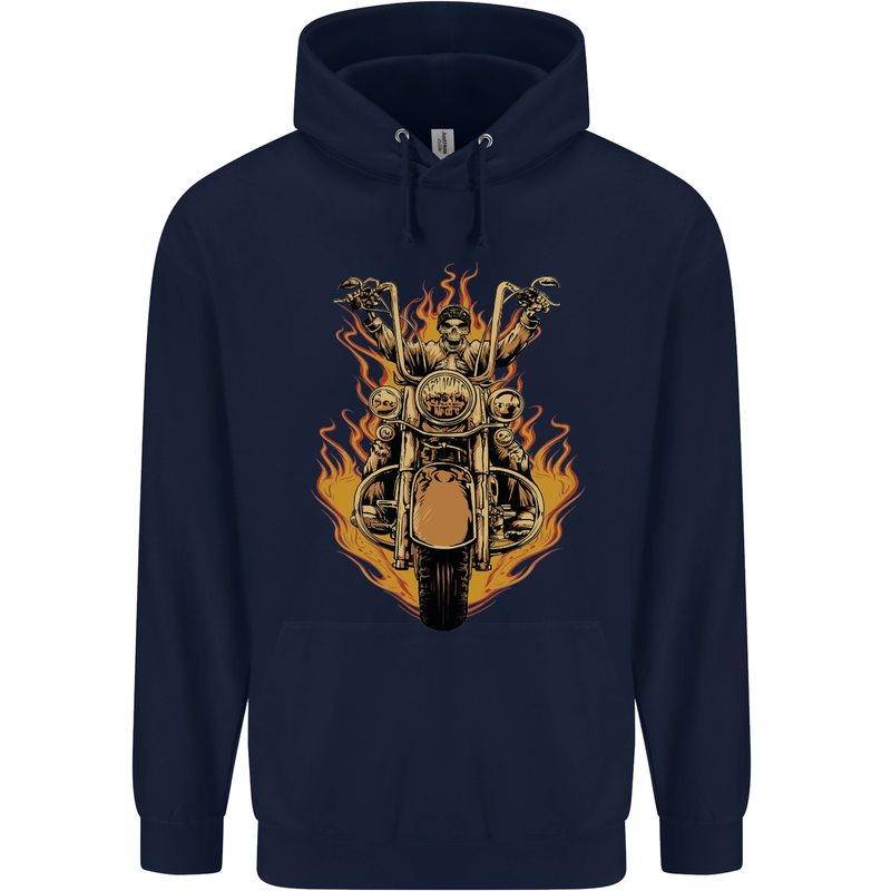 Skeleton Motorcycle Rider Mens 80% Cotton Hoodie Navy Blue