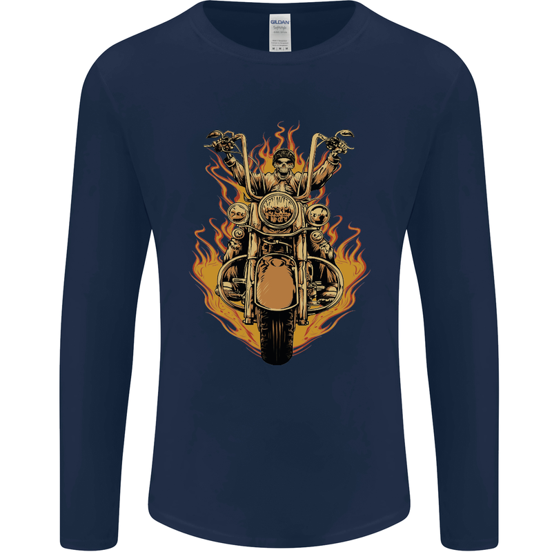 Skeleton Motorcycle Rider Mens Long Sleeve T-Shirt Navy Blue