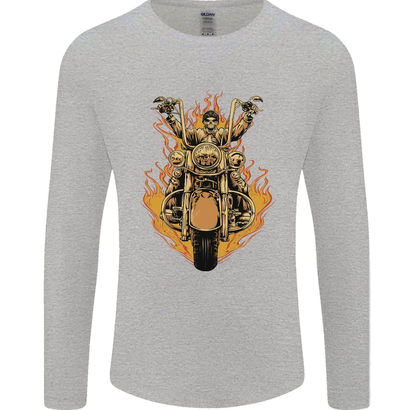 Skeleton Motorcycle Rider Mens Long Sleeve T-Shirt Sports Grey