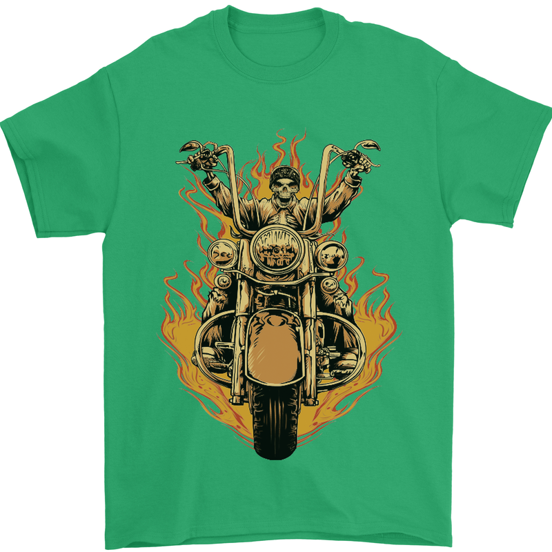 Skeleton Motorcycle Rider Mens T-Shirt Cotton Gildan Irish Green