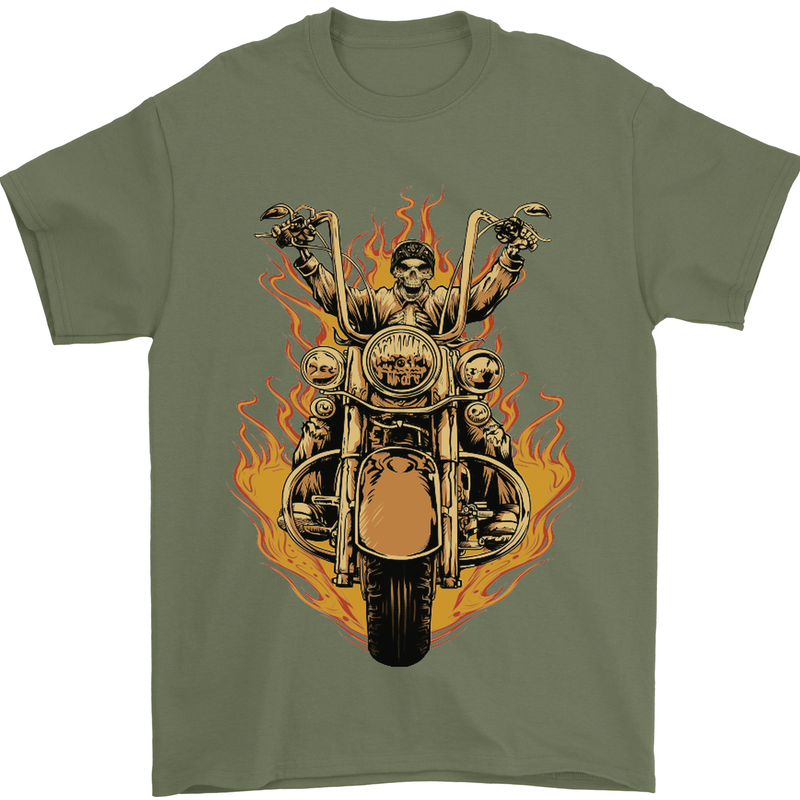 Skeleton Motorcycle Rider Mens T-Shirt Cotton Gildan Military Green
