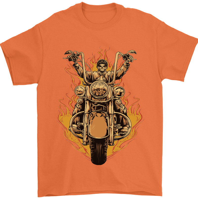Skeleton Motorcycle Rider Mens T-Shirt Cotton Gildan Orange