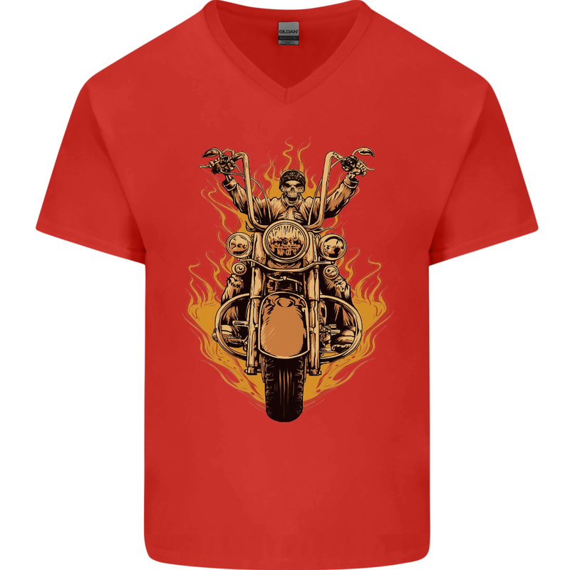 Skeleton Motorcycle Rider Mens V-Neck Cotton T-Shirt Red
