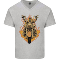Skeleton Motorcycle Rider Mens V-Neck Cotton T-Shirt Sports Grey