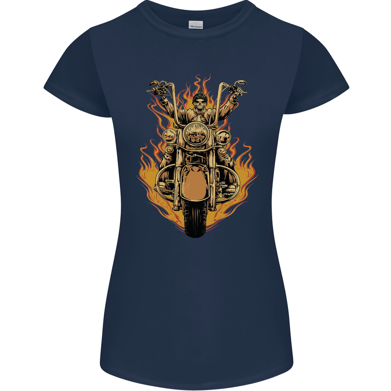 Skeleton Motorcycle Rider Womens Petite Cut T-Shirt Navy Blue
