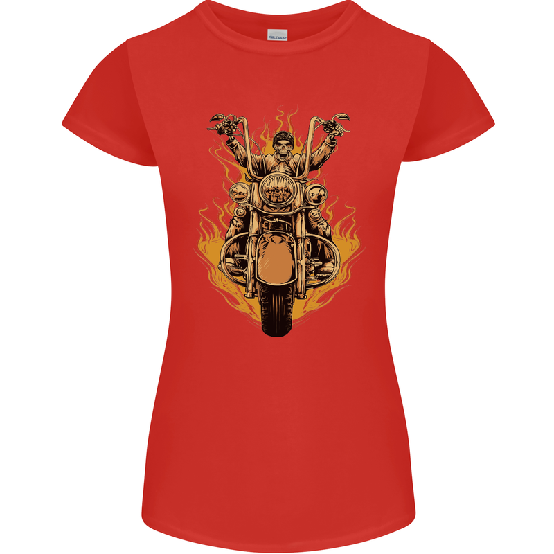 Skeleton Motorcycle Rider Womens Petite Cut T-Shirt Red