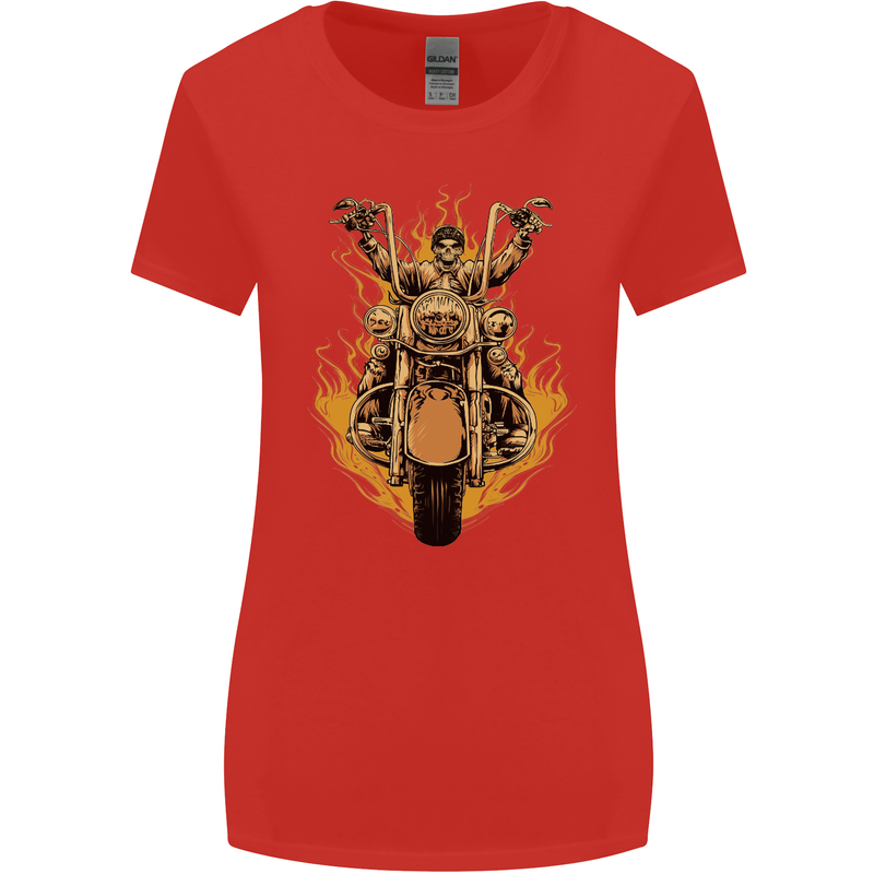 Skeleton Motorcycle Rider Womens Wider Cut T-Shirt Red