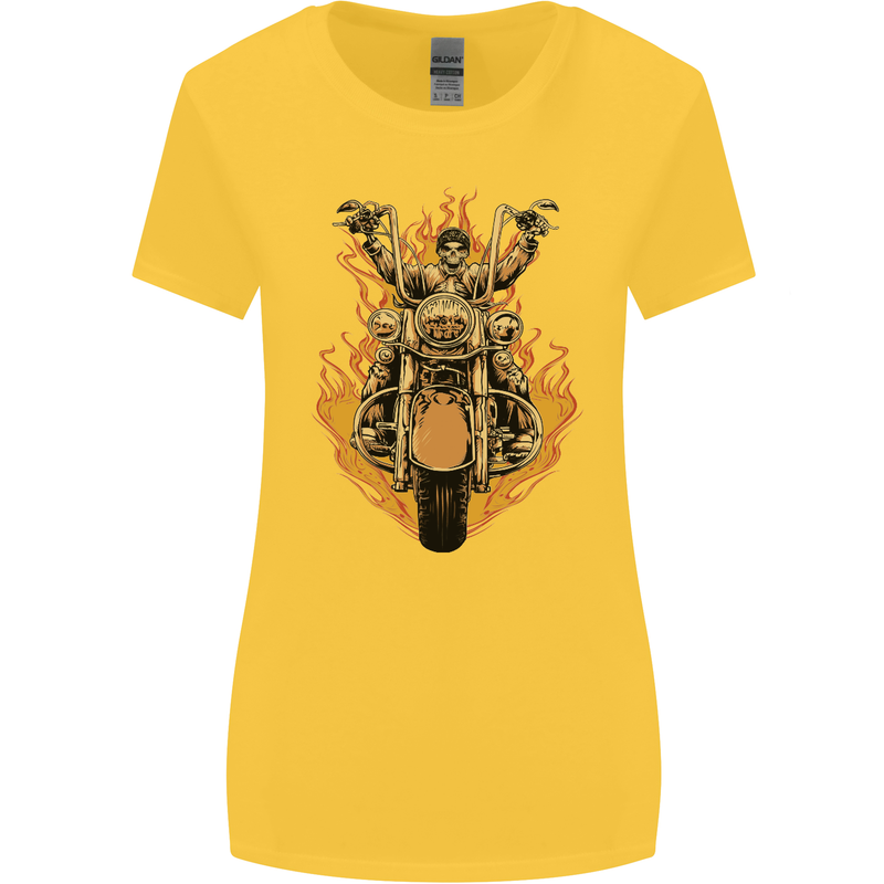 Skeleton Motorcycle Rider Womens Wider Cut T-Shirt Yellow