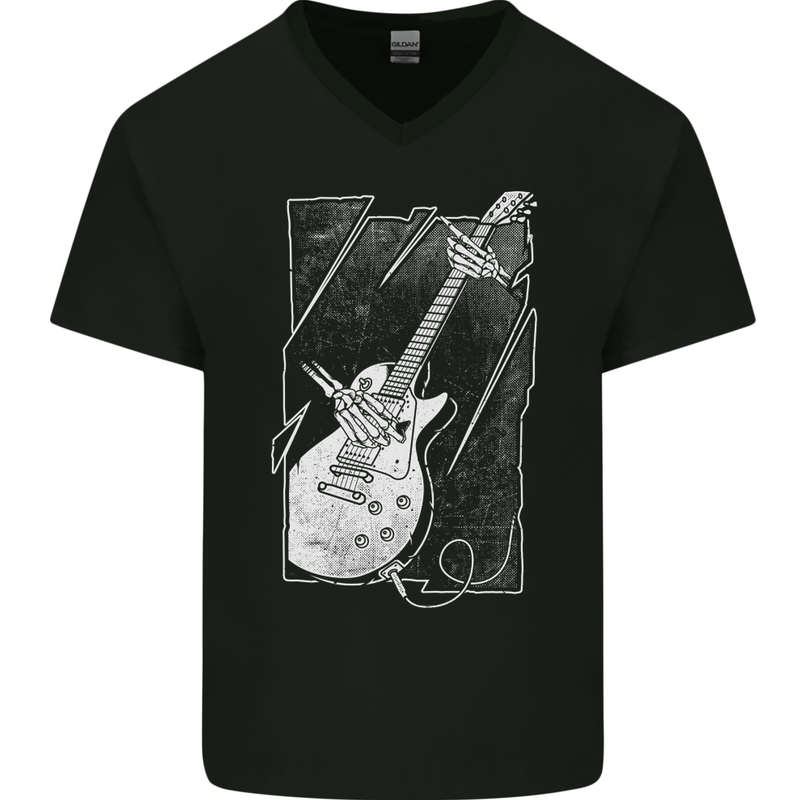 Skeleton Playing Guitar Guitarist Electric Mens V-Neck Cotton T-Shirt Black