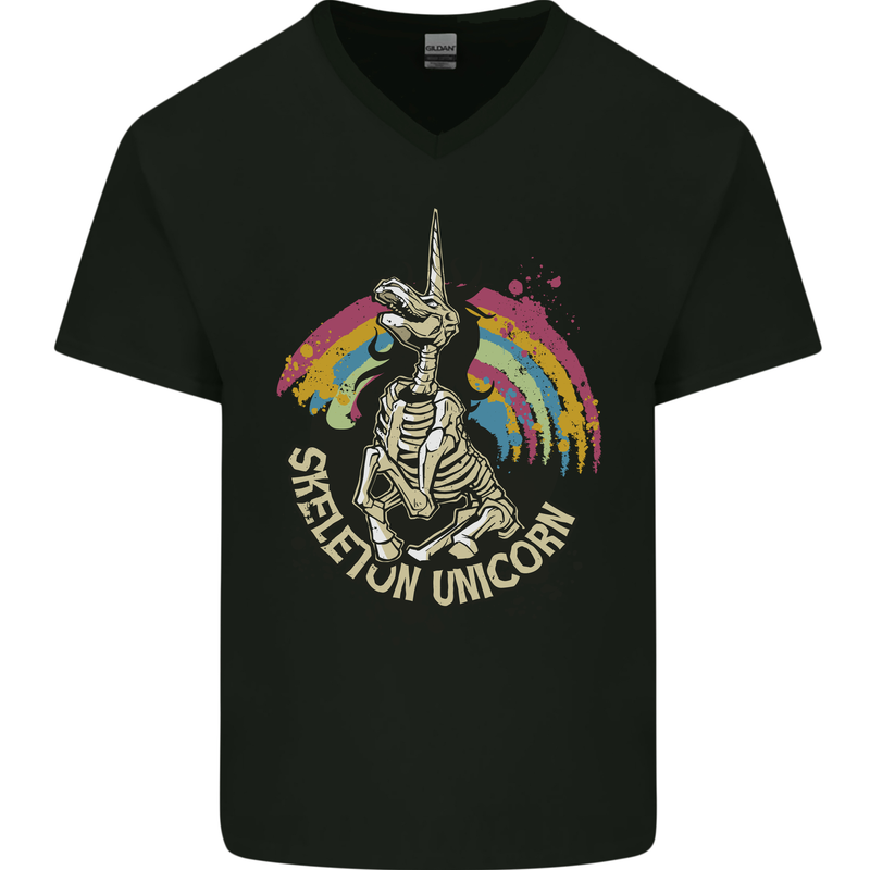 Skeleton Unicorn Skull Heavy Metal Rock Mens V-Neck Cotton T-Shirt Black