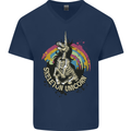 Skeleton Unicorn Skull Heavy Metal Rock Mens V-Neck Cotton T-Shirt Navy Blue