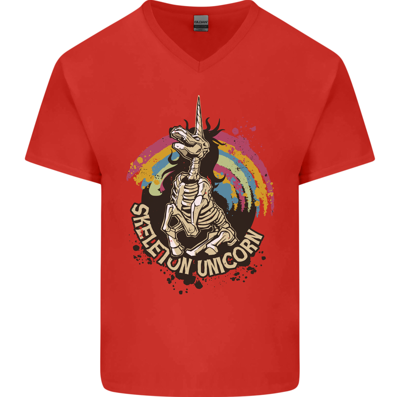 Skeleton Unicorn Skull Heavy Metal Rock Mens V-Neck Cotton T-Shirt Red