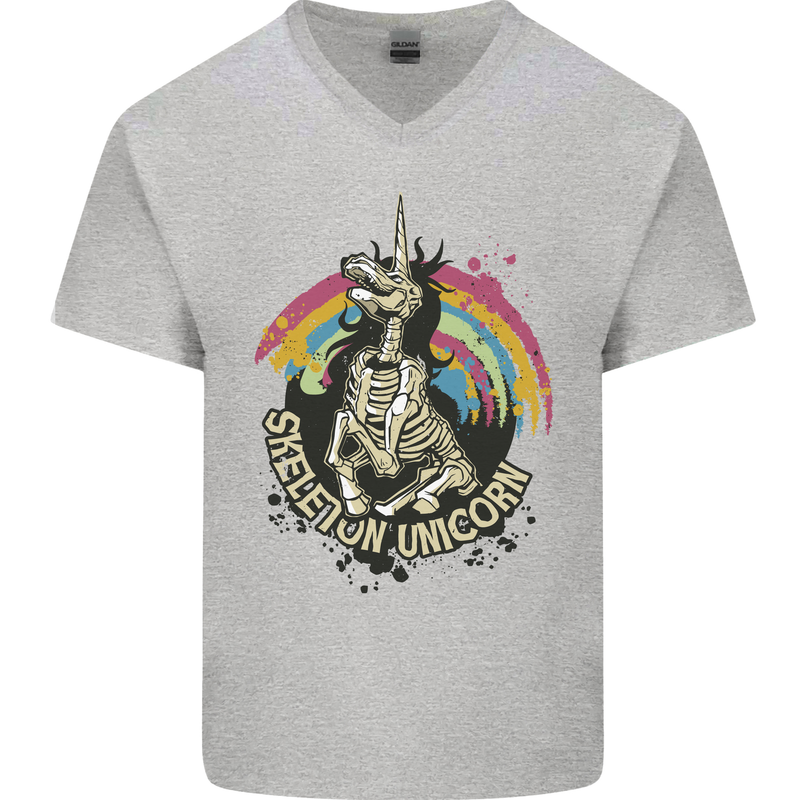 Skeleton Unicorn Skull Heavy Metal Rock Mens V-Neck Cotton T-Shirt Sports Grey