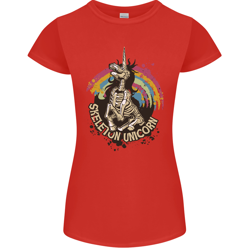 Skeleton Unicorn Skull Heavy Metal Rock Womens Petite Cut T-Shirt Red
