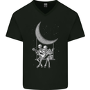 Skeletons On the Moon Playing Guitar Mens V-Neck Cotton T-Shirt Black