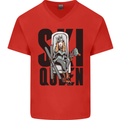 Ski Queen Funny Skiing Mens V-Neck Cotton T-Shirt Red