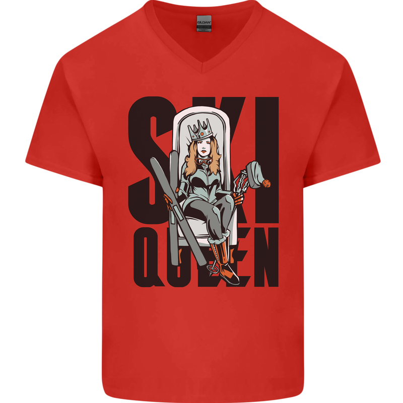 Ski Queen Funny Skiing Mens V-Neck Cotton T-Shirt Red