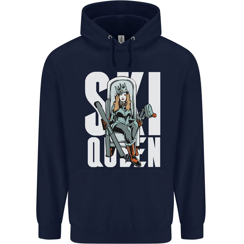 Ski Queen Funny Skiing Winter Sports Mens 80% Cotton Hoodie Navy Blue