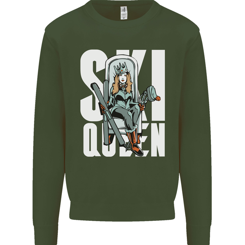 Ski Queen Funny Skiing Winter Sports Mens Sweatshirt Jumper Forest Green