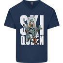 Ski Queen Funny Skiing Winter Sports Mens V-Neck Cotton T-Shirt Navy Blue
