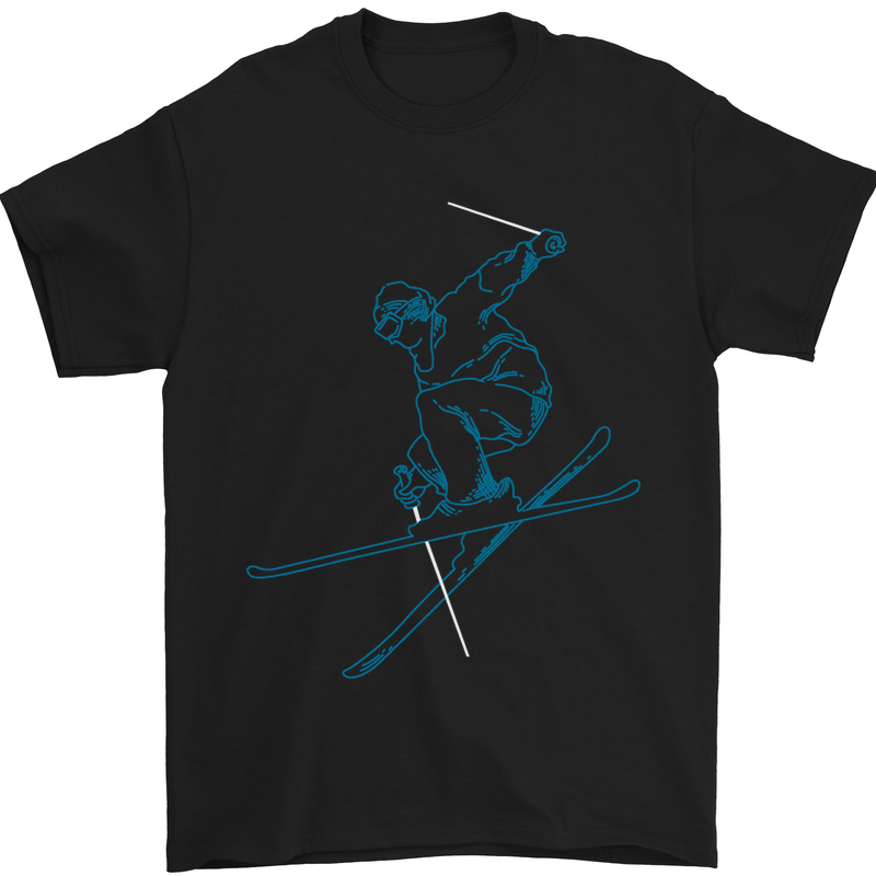 Skier Blue Outline Skiing Ski Mens T-Shirt Cotton Gildan Black
